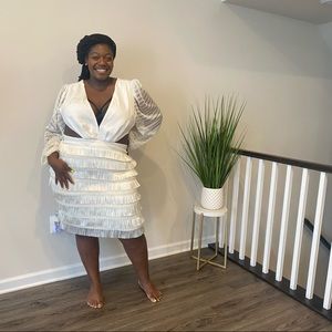 Fashion to Figure Off White Crochet Sleeve Fringe Dress